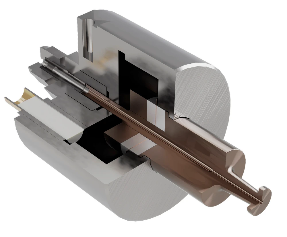 Cutaway render of a MicroSpray ultrasonic spray nozzle showing the internal assembly and central liquid feed tube