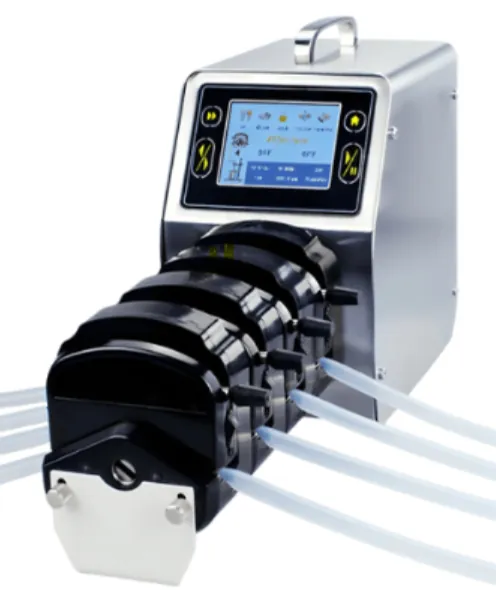 Multi-channel peristaltic pump with four stacked pump heads and tubing
